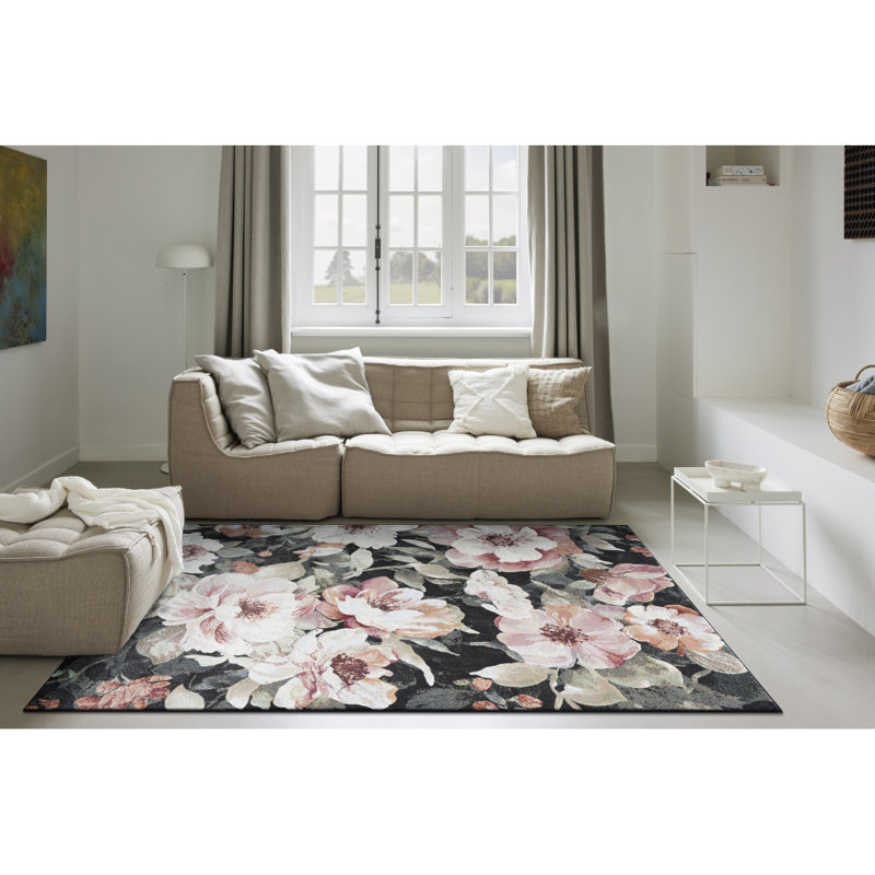 Tapis en polyester noir, rosé, rose, pêche et vert Essentials Eleanor, Rectangle 5 pi 3 po x 7 pi 6 po