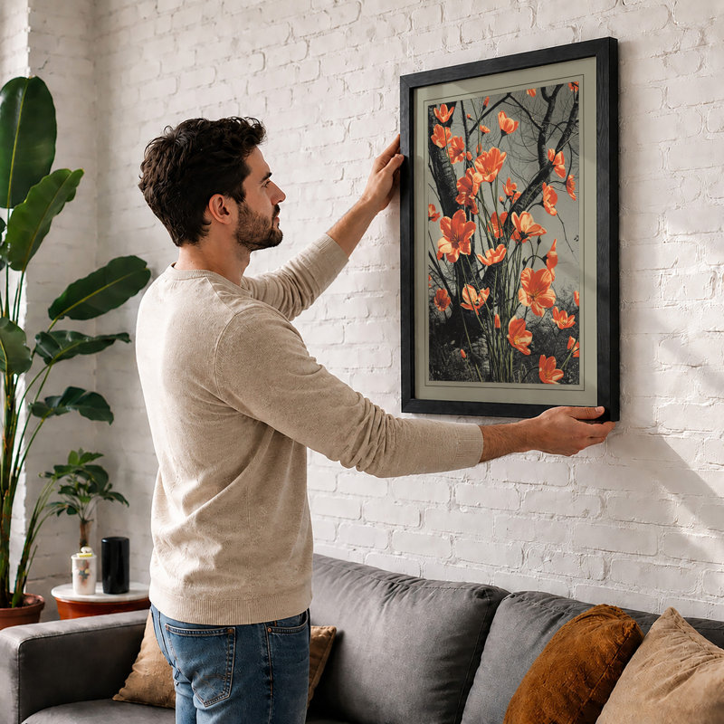 Orange Blooms in Black Japandi - Framed Print, A1 - 84.1 x 59.4 cm, Black