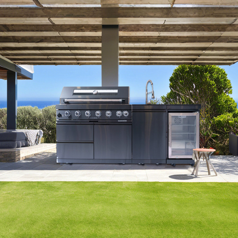 Îlot de cuisine de 43 pouces à 6 brûleurs et 85 000 BTU de cuisine au gaz en acier inoxydable pour barbecue et îlot de cuisine + réfrigérateur à vin compact + ensemble de rôtisserie + comptoirs en granite + évier en acier inoxydable