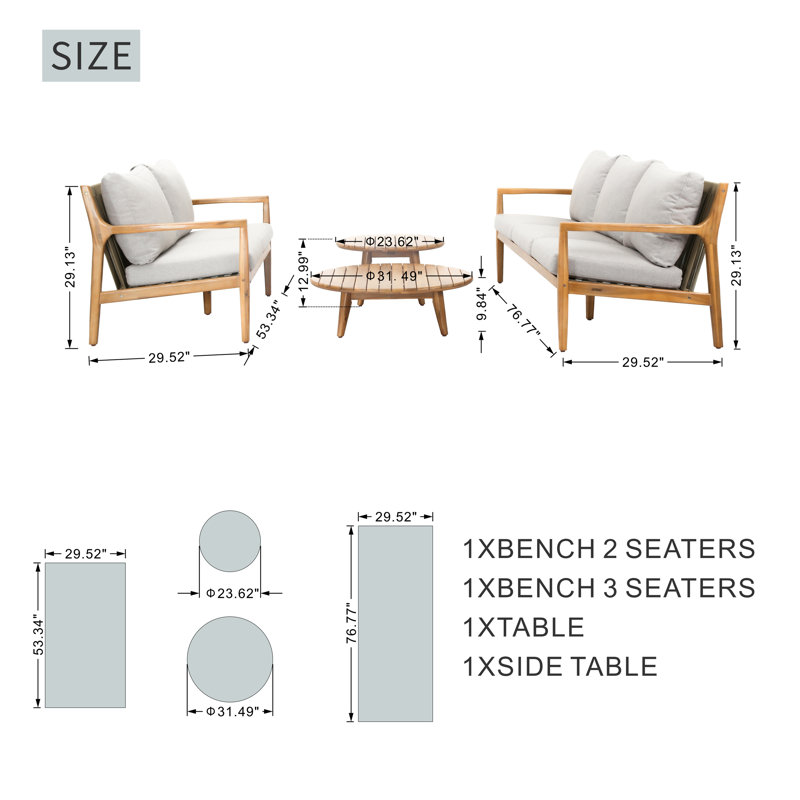Ensemble de conversation d'extérieur 4 pièces en bois d'acacia avec coussins Thane