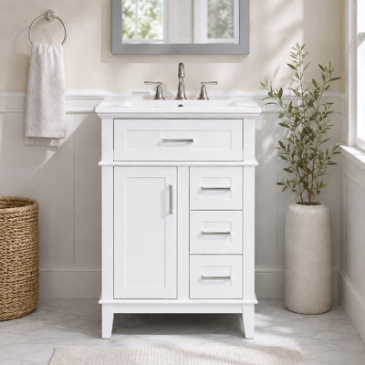 Meuble-lavabo 24 po avec lavabo en céramique, structure en bois massif et armoire en panneau de fibres à densité moyenne, 1 porte, tiroir rabattable et 3 tiroirs, meuble-lavabo à fermeture en douceur avec tablette réglable et poignées argentées