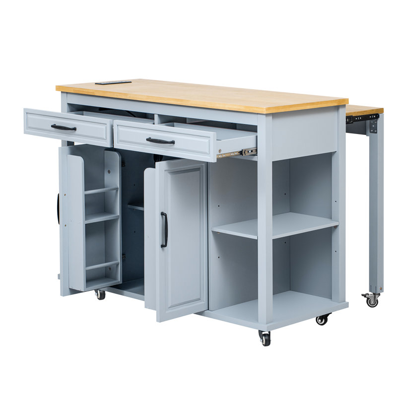 47.2" X 19.7" Kitchen Island, Rubber Wood Veneer, Extendable Dining Table, Internal Storage, Power Outlet, 6+2 Wheels, Soft - Close Hinges Island With 2 Drawers, Cabinets, Storage Rack, Mobile And
