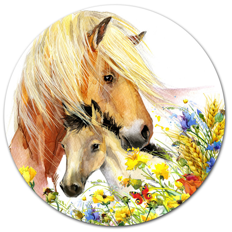 Alfaro cheval et poulain avec prairie - reproduction d'art, H 23 po x l 23 po x p 1 po, Métal