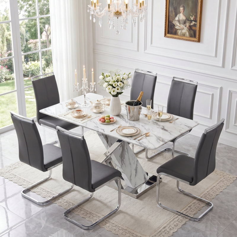 7-Piece Modern Rectangular Faux Marble Dining Set with Faux Leather Cantilever Chairs, Dark Gray