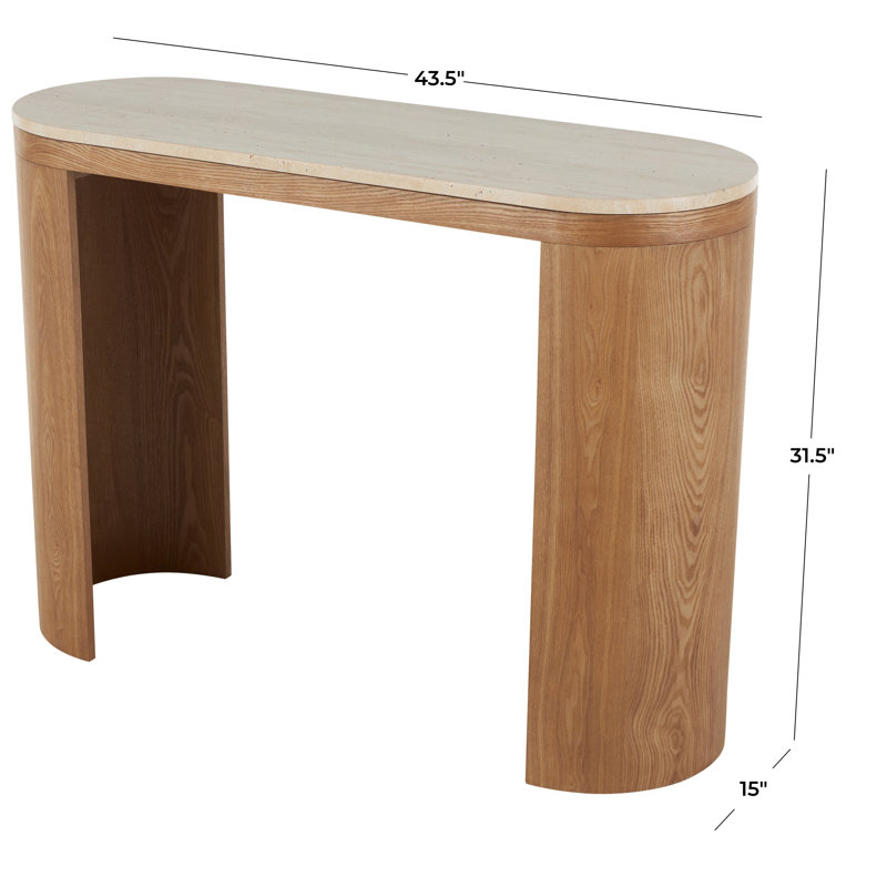 Cole And Grey Wood Curved Support Console Table With Beige Oval Marble Tabletop