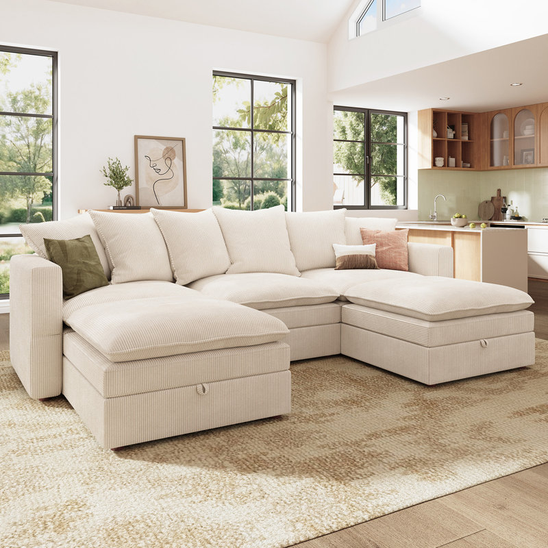 U-Shaped Corduroy Modular Sectional with Storage , Beige Corduroy