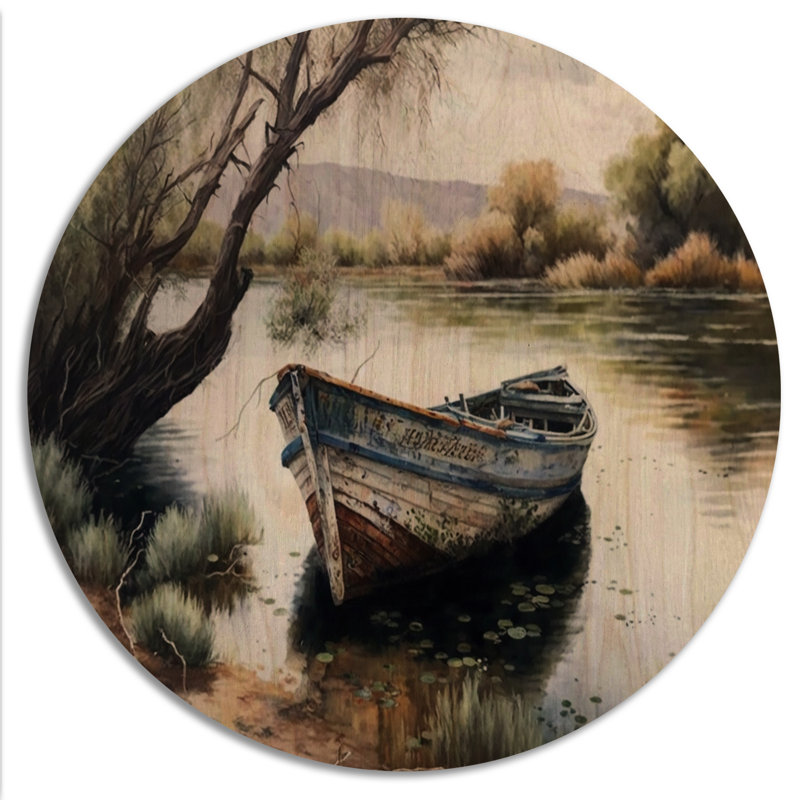 Bateau de pêche dans la rivière - Art mural en bois paysage - Bois de pin naturel, H 23 po x l 23 po x P 1 po