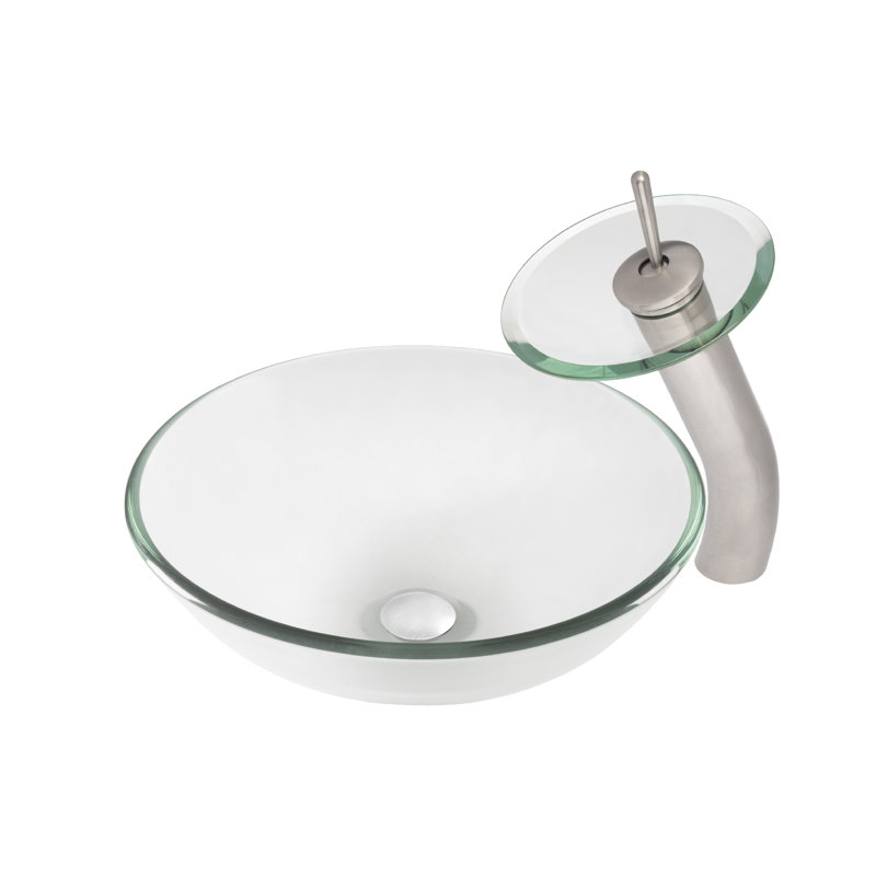 Novatto 16'' Glass Circular Bathroom Sink with Faucet, Brushed Nickel