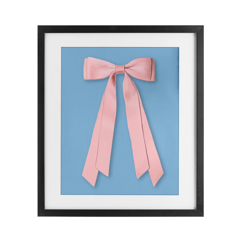 «Pink Satin Bow» sur fond bleu imprimé sous verre, design par Jilly Jack Designs, Cadre noir minuit, H 16 po x l 13 po
