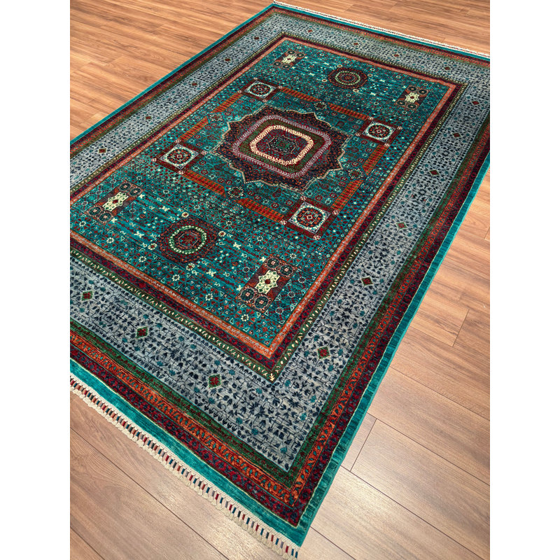 Tapis en laine et coton bleu sarcelle original noué à la main à motif mamelouk