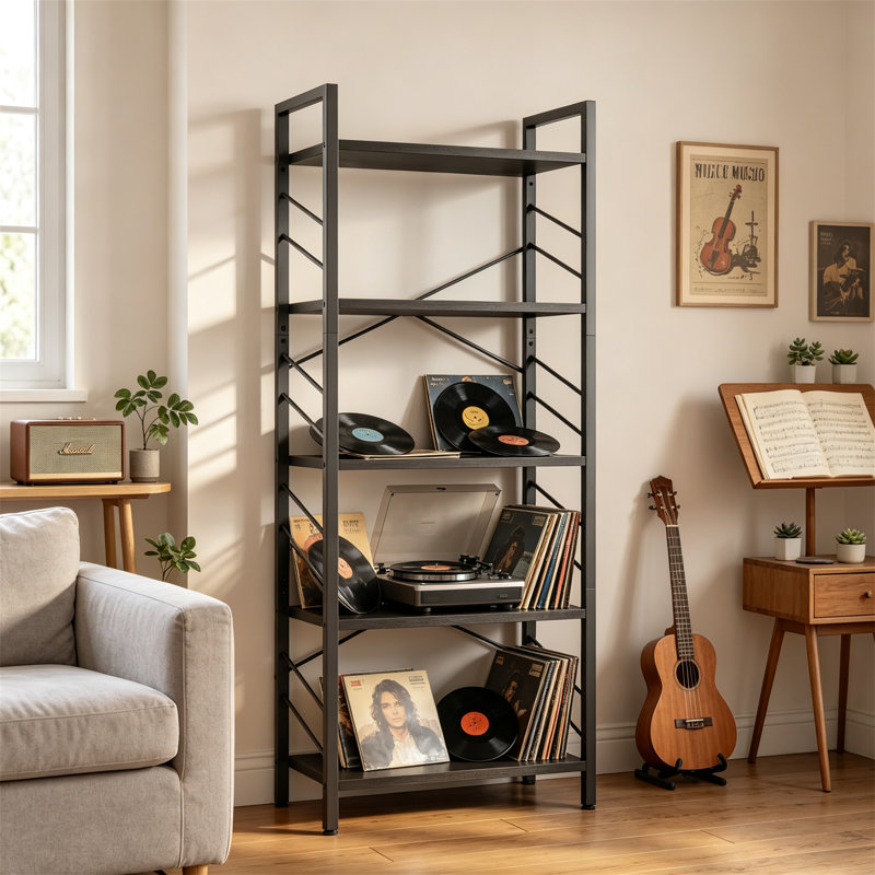 Bibliothèque multimédia à 5 niveaux avec structure en métal, conception stable X, noir