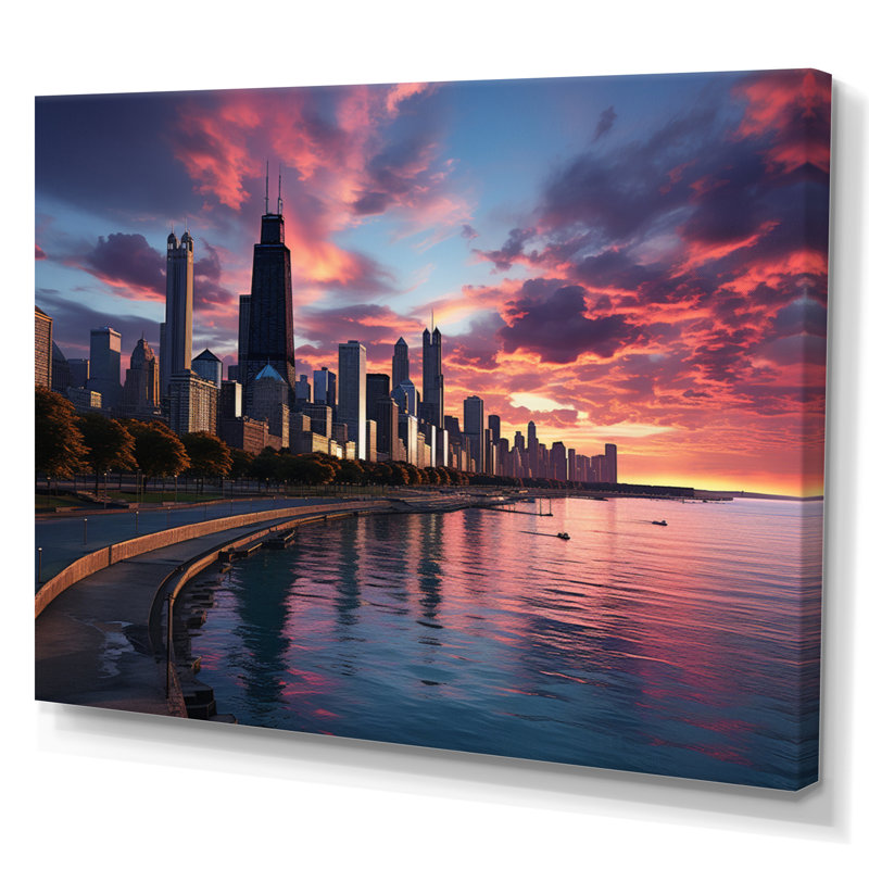 Paysage urbain de Chicago par nuit III - art mural Chicago, H 30 po x l 40 po, Toile tendue
