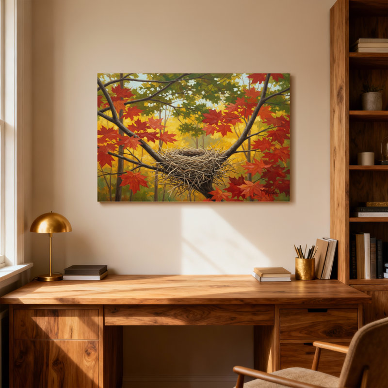 Paysage et nature, feuilles d'automne, nid, branches d'arbres, scène naturelle, H 12 po x l 18 po