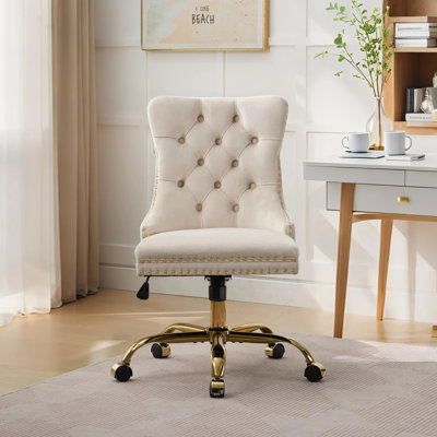 Fauteuil de bureau moderne capitonné en velours capitonné à boutons, fauteuil de bureau pivotant sans accoudoirs