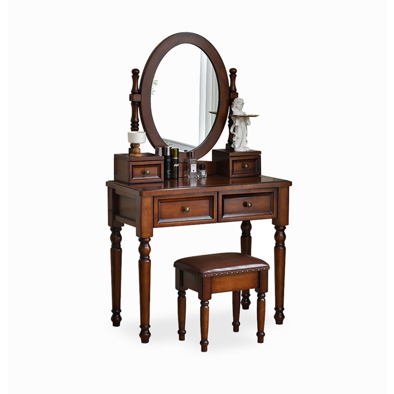 Table de coiffeuse en bois d'hévéa de style américain avec tiroirs de rangement multiples, Chestnut