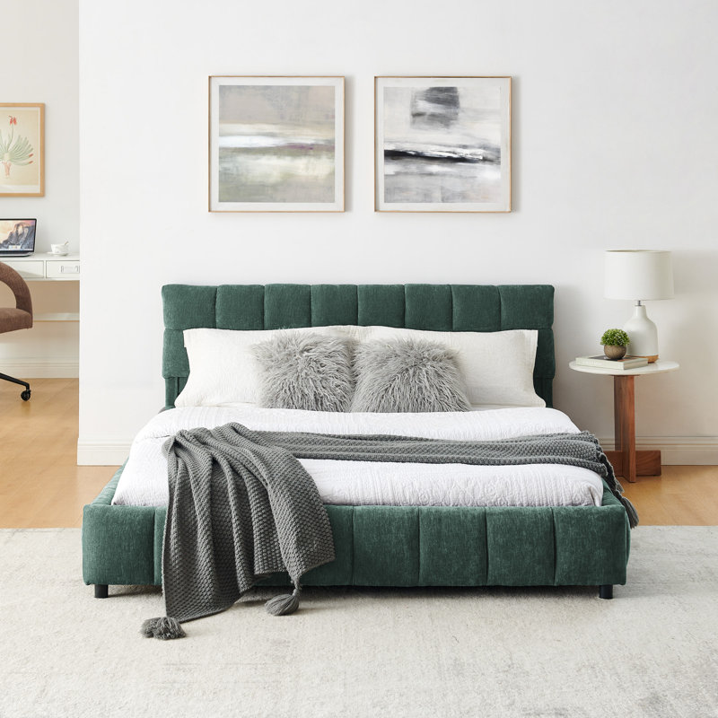 Lit tapissier, base de lit tapissier confortable, tissu chenille, avec tête de lit et base de lit solide, Bleu / vert, Grand