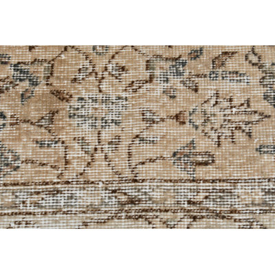 Vintage Hand-Knotted Turkish Floral Pattern Runner Rug in Neutral Beige and Brown Tones Brown/Beige