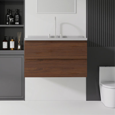 36 Inch Floating Bathroom Vanity with Sink, Soft-Close Drawer, 2-IN Granite Cultured Marble Countertop Top & Backsplash,Plywood