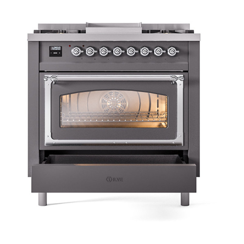 ILVE Nostalgie II Noblesse 36 in Dual Fuel Range, Graphite Matte/Chrome, Natural Gas