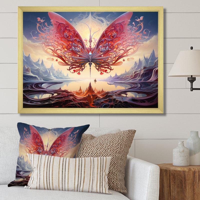 Papillon rose majestueux et futuriste, Cadre doré simple, H 24 po x l 32 po x P 1 po