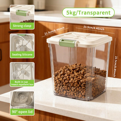5kg Airtight Pet Food Storage Container, Transparent Dry Food Bin with Sealed Lid for Dog Cat Kibble