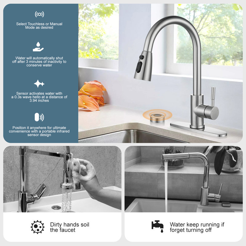 Brushed Nickel Touchless Pull-Down Kitchen Faucet with Spray