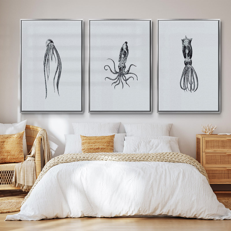 Marine Life, ensemble de 3 pièces encadrées sur toile, H 27 po x l 54 po x P 2 po, Encadrement argenté