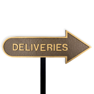 6" x 15.5" Right Arrow Deliveries Statement Plaque Sign with Lawn Stake - White/Black