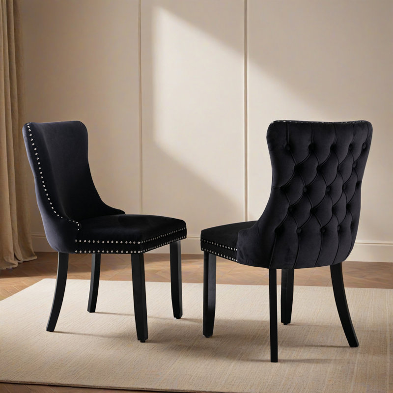 Upholstered Tufted Wing-Back Dining Chair with Backstitching Nailhead Trim and Solid Wood Legs, Set of 2, Black, Black