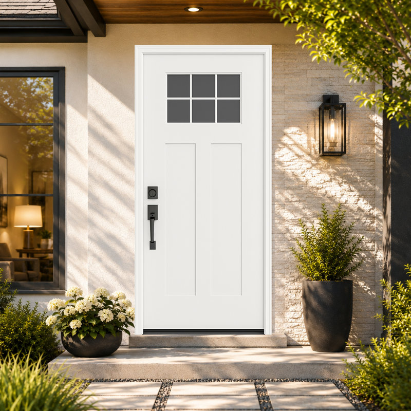 Porte d'entrée 36 po x 80 po en fibre de verre apprêté blanc - Craftsman à 2 panneaux avec verre 6 lumières à faible émissivité, cadre en vinyle et moulure de brique, à droite vers l'intérieur