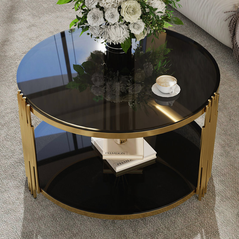 Stylish Modern Coffee Table with Asymmetrical Metal Structure, Circular Drum Base, and Lower Shelf for Enhanced Decor and Functionality.