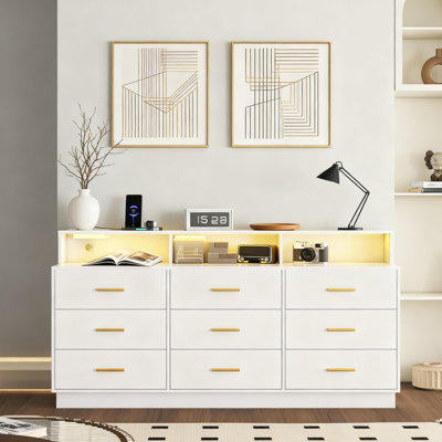 9-drawer Led Bedroom Dresser With Power Outlet, Modern Wooden Chest Of Drawers With Open Cubby, Long Storage Dresser For Bedroom, Living Room, Or Entryway