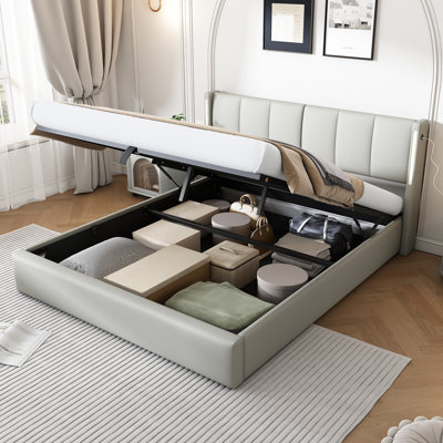Donan Upholstered Ottoman Storage Bed With USB Port And LED Lighting, Adjustable Headboard