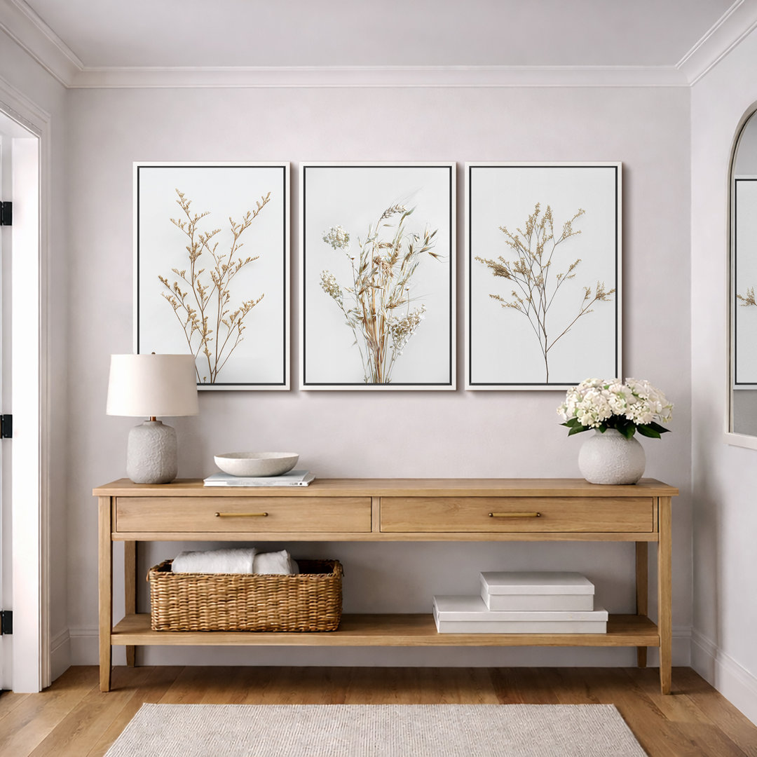 Minimal Botanical "Neutral Wildflowers Floral Artwork, Simple Organic Modern Wall Pictures, Large Framed Canvas Giclee Print 3 Pieces Wall Art Set"  IDEA4WALL 