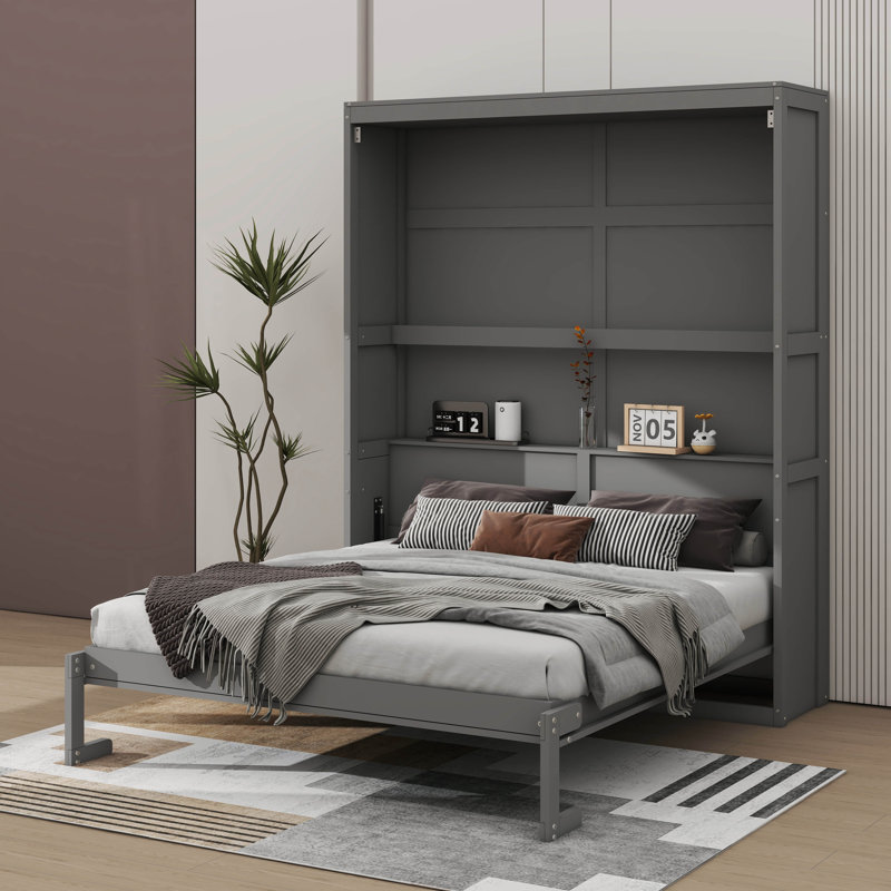 Lit escamotable fonctionnel avec tablettes intégrées, Grand lit, Gris