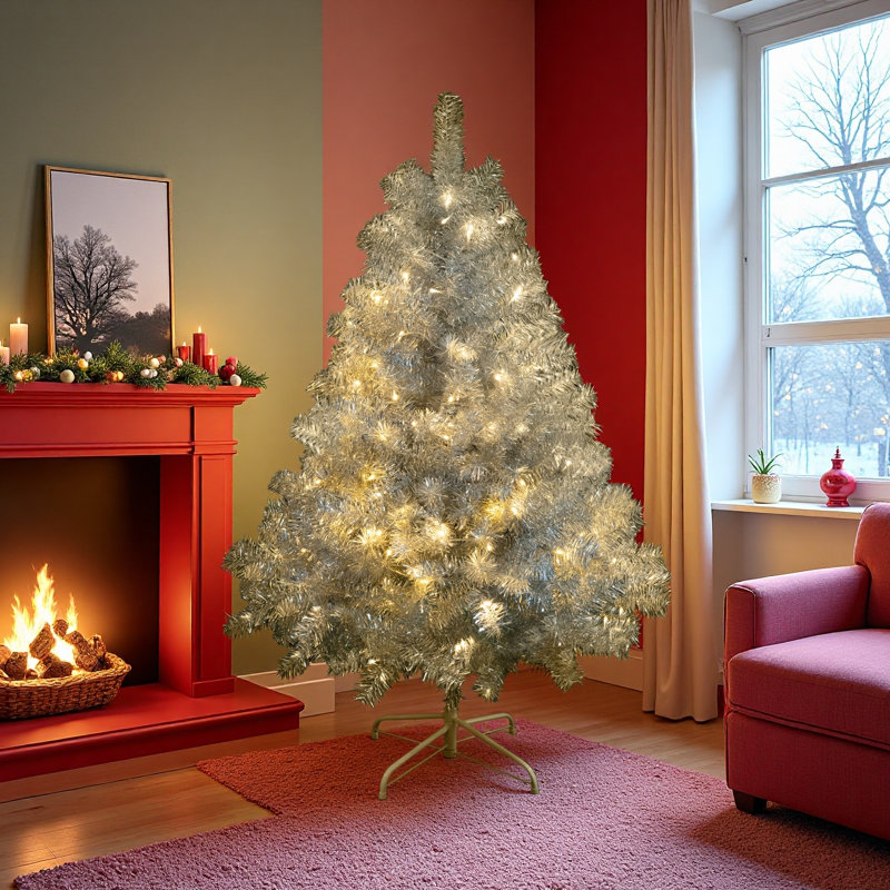 Arbre de Noël artificiel pré-éclairé avec support en métal Sliver