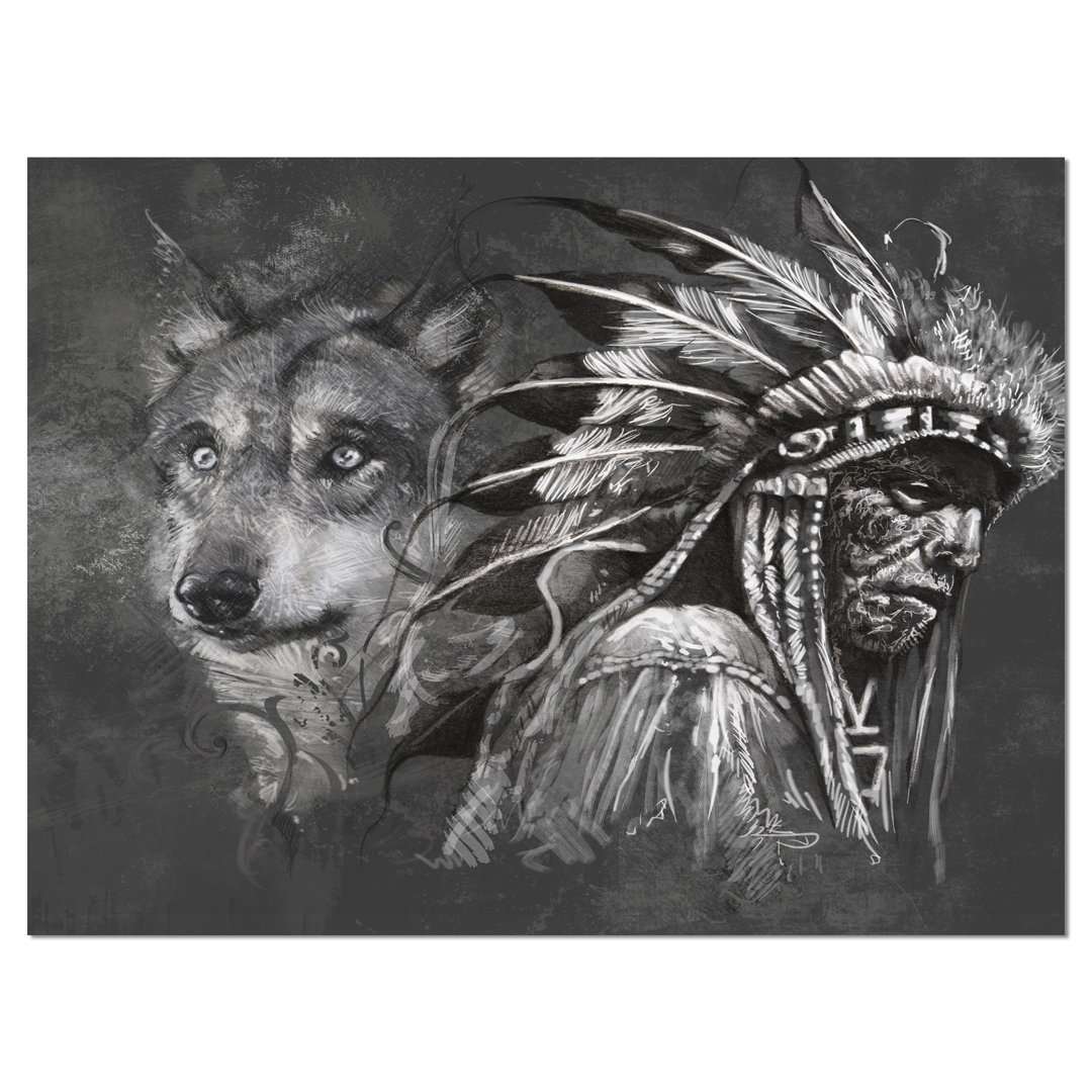 " Wolf And American Indian Chief " Design Art 