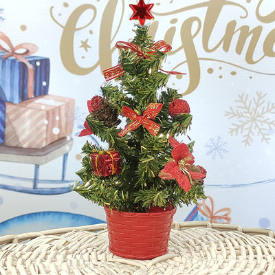 Mini arbre de Noël de table de 1,5 pi avec ornements et lumières, arbre de Noël artificiel vert pour décorations des Fêtes, décoré de boules et de pommes de pin (rouge)