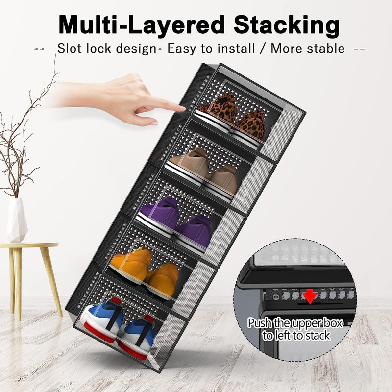 5 Pair Stackable Shoe Storage Box, Black