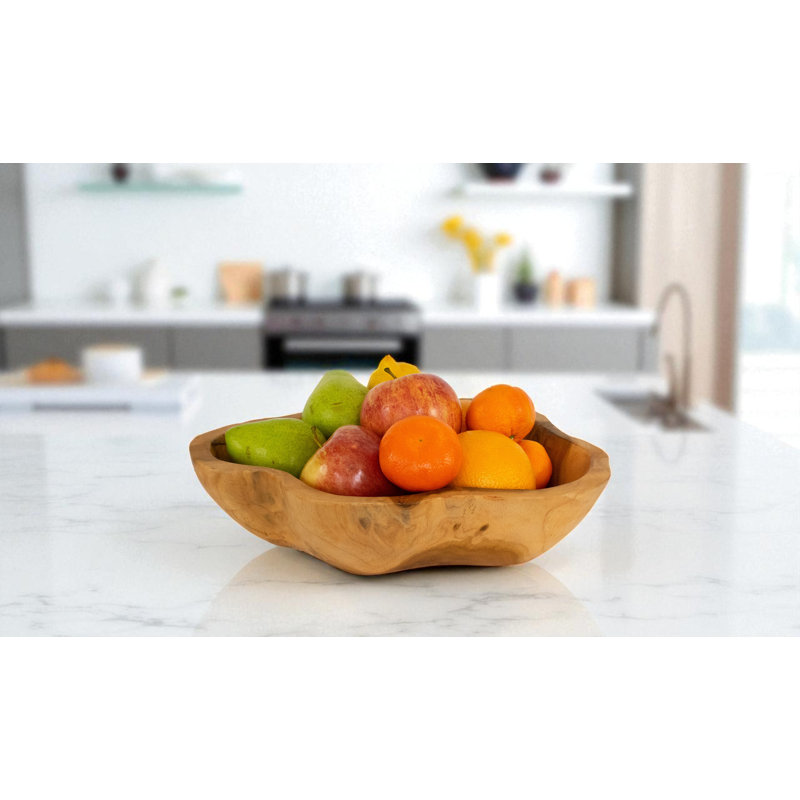 Bol à fruits en bois massif de 13 po sculpté à la main, service de décoration rustique naturel