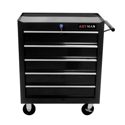Coffre à outils 5 tiroirs, armoire de rangement pour outils pour le garage avec 4 roues et système de verrouillage, noir