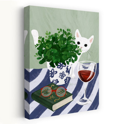 Cozy Cat, lecture, coin, chat, plante, art mural