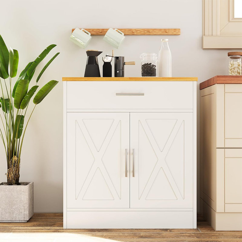 Buffet avec rangement Farmhouse - Armoire de cuisine avec 3 portes et 2 tiroirs, café avec tablette réglable pour le salon, blanc et jaune