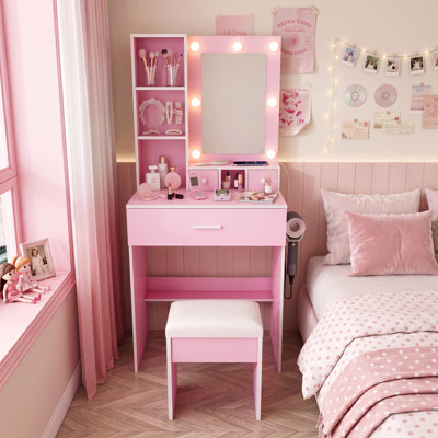Meuble-lavabo lumineux avec prise de courant, support pour sèche-cheveux et tabouret, coiffeuse compacte pour petite chambre à coucher, option multicolore (rose)