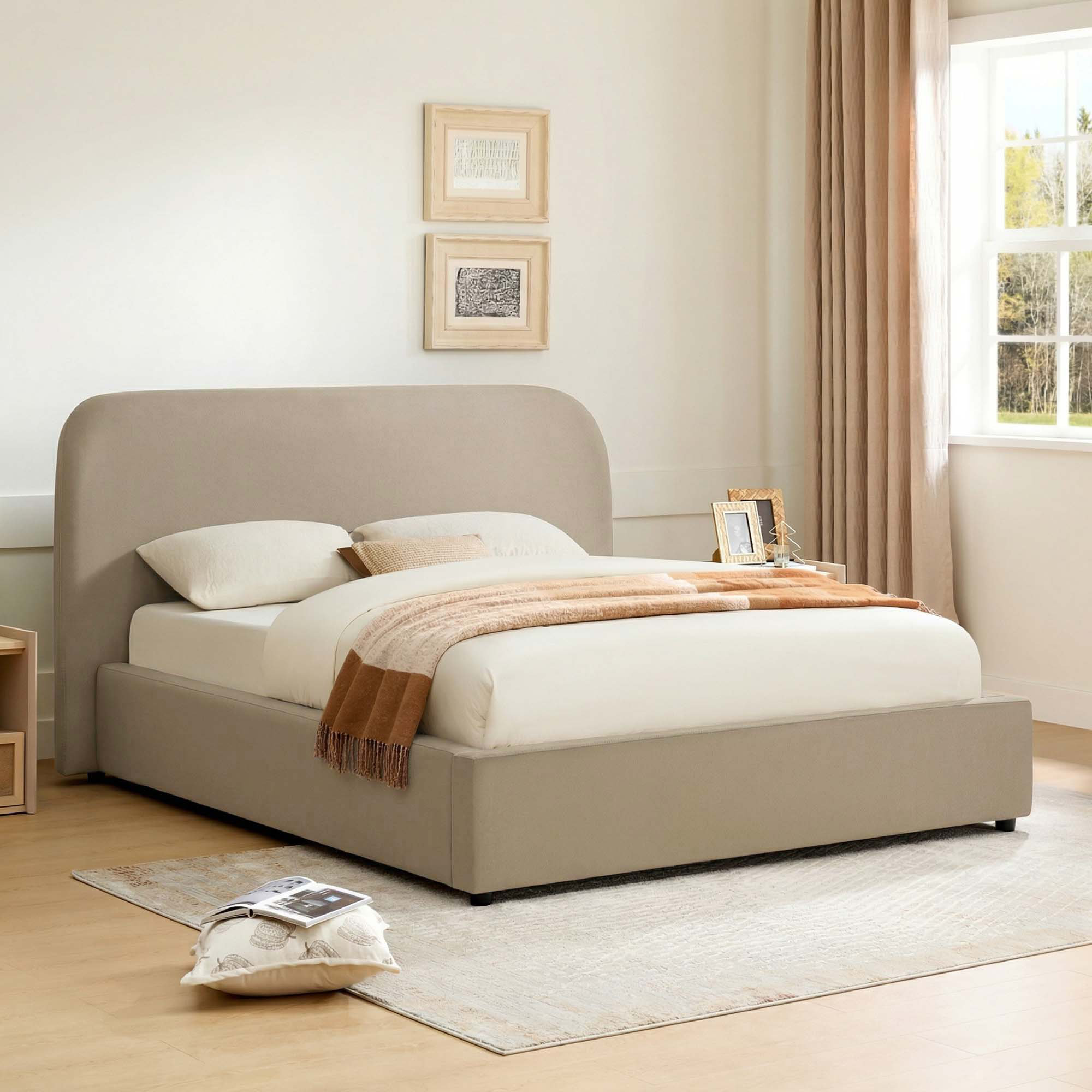 Upholstered Platform Storage Bed, Tan