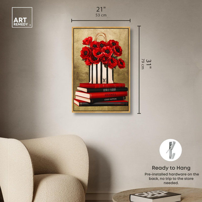 Illustration de mode sur toile fantaisie et livres par , H 31 po x l 21 po, Cadre flottant doré