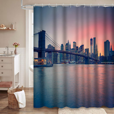 New York City Bridge Dusk Sunset Manhattan Shower Curtain with 12 Hooks