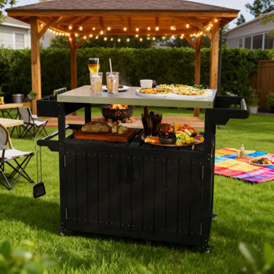 Plateau de table de bar extérieur, chariot de bar extérieur avec rangement, îlot de cuisine à roulettes pour la préparation des aliments