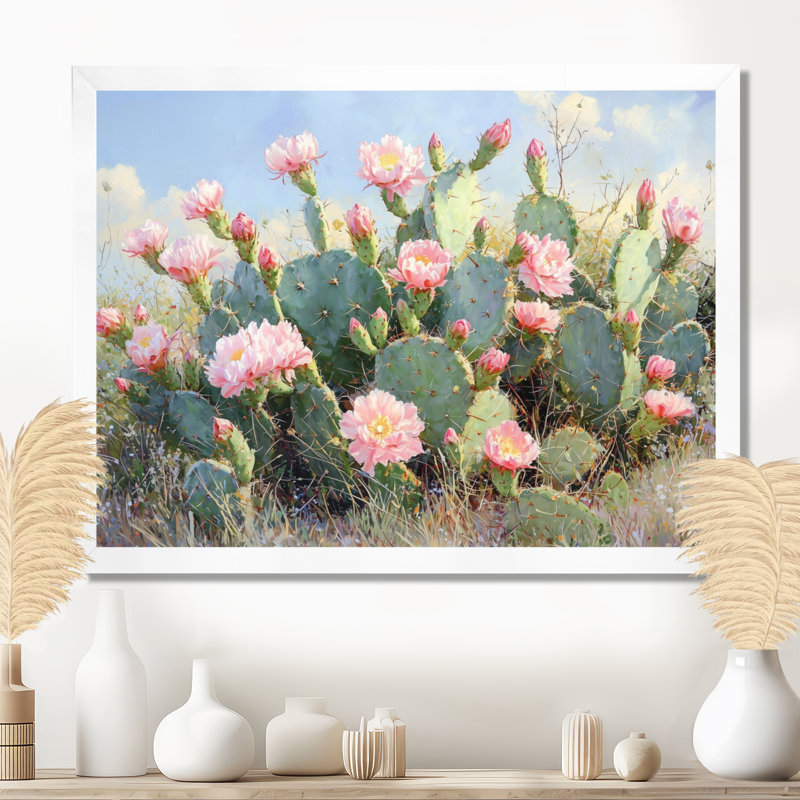 Grise Cactus Garden In Bloom I - art mural cactus, H 30 po x l 40 po, Avec cadre, Blanc