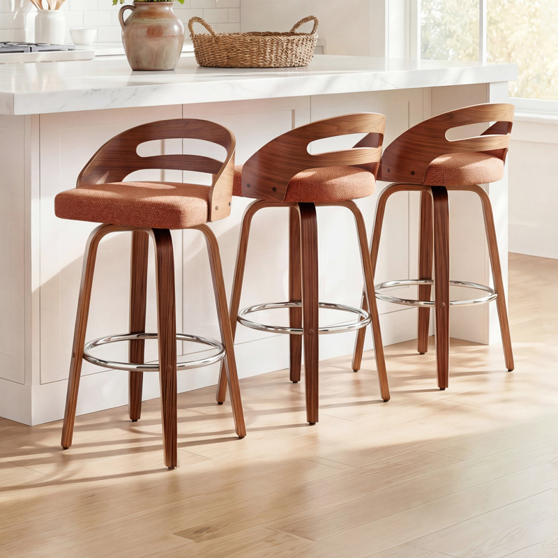 Modern Upholstered Swivel Bar Stools (Set of 3), Orange, Bar Stool (30.31” Seat Height)
